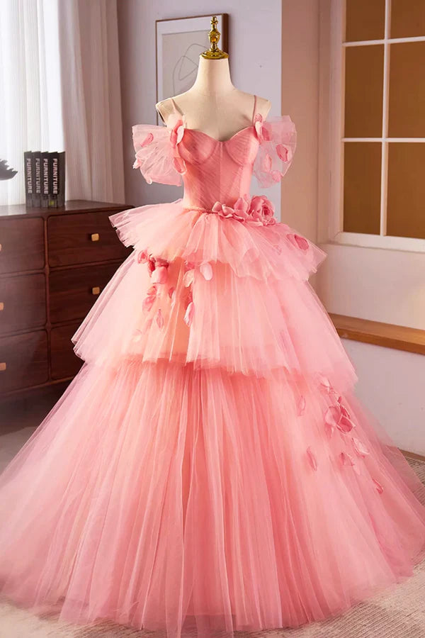 Wholesale Pink Spaghetti Strap Tulle Long Prom Dress Beautiful A-Line Formal Sweet 16 Dress