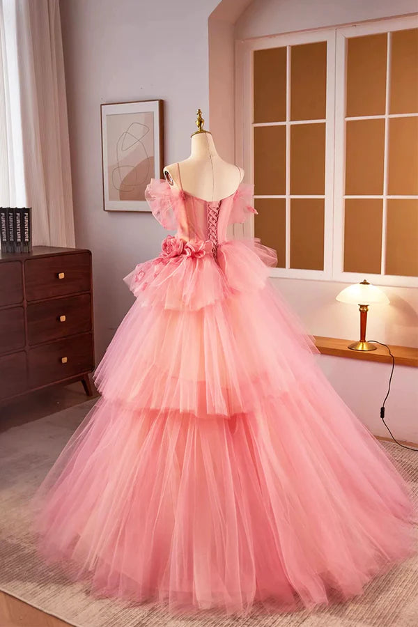 Wholesale Pink Spaghetti Strap Tulle Long Prom Dress Beautiful A-Line Formal Sweet 16 Dress