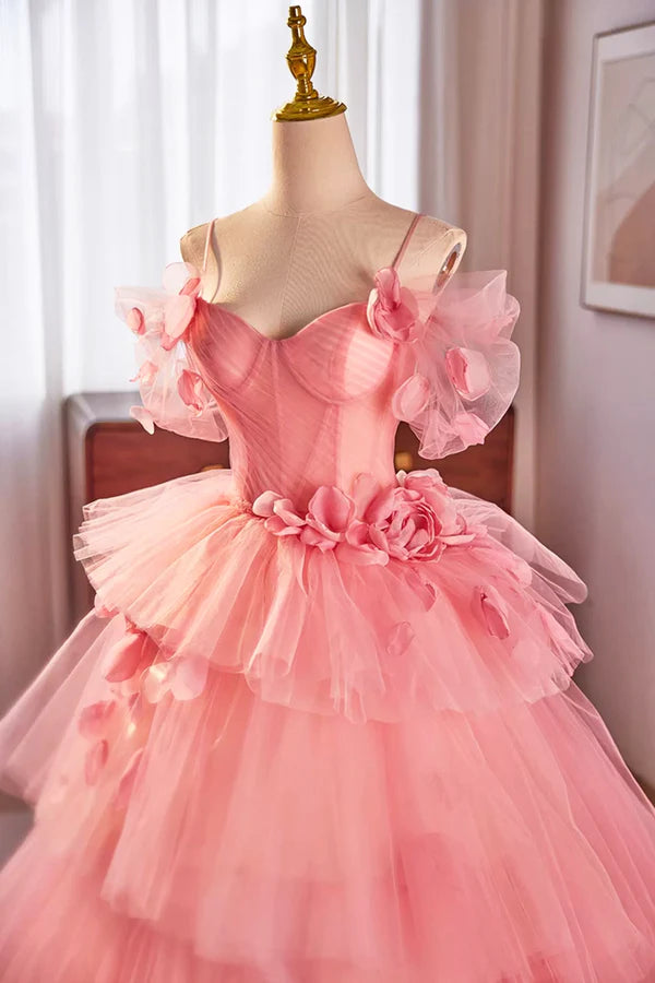 Wholesale Pink Spaghetti Strap Tulle Long Prom Dress Beautiful A-Line Formal Sweet 16 Dress