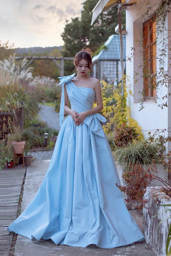 Wholesale Blue Satin One Shoulder Floor Length Prom Dress Lovely A-Line Evening Party Dress