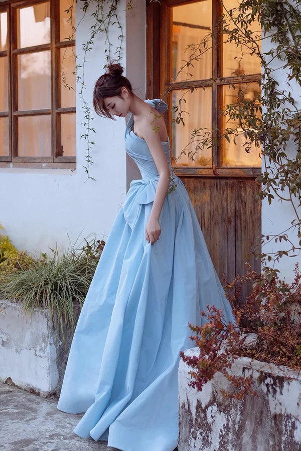 Wholesale Blue Satin One Shoulder Floor Length Prom Dress Lovely A-Line Evening Party Dress
