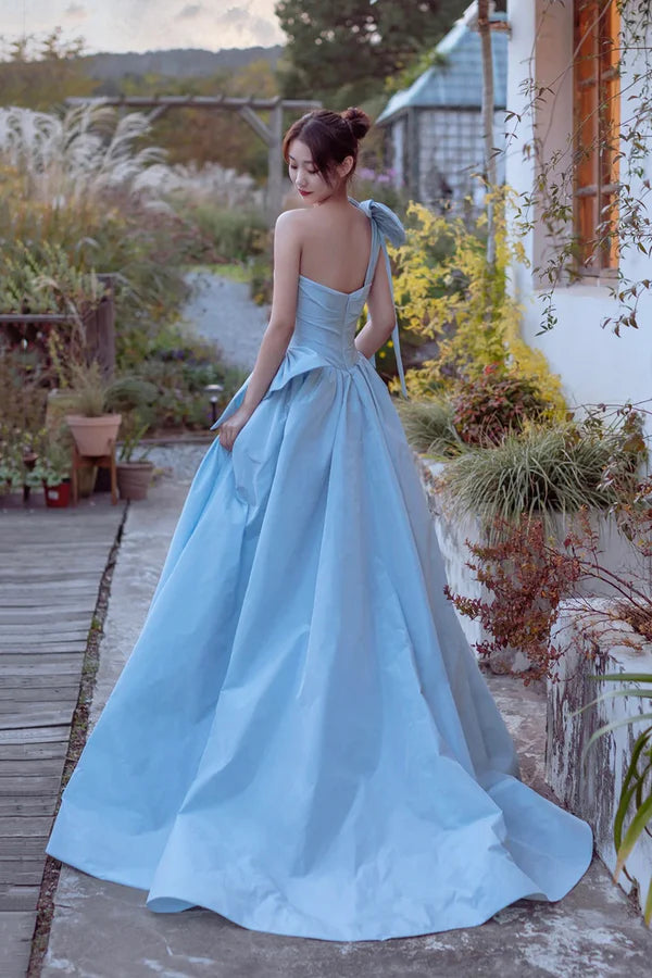Wholesale Blue Satin One Shoulder Floor Length Prom Dress Lovely A-Line Evening Party Dress