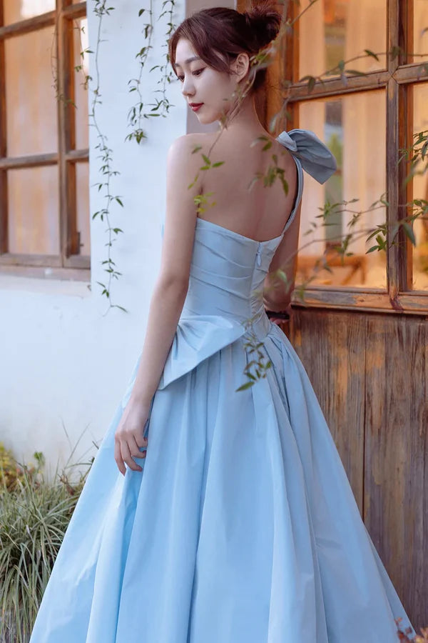 Wholesale Blue Satin One Shoulder Floor Length Prom Dress Lovely A-Line Evening Party Dress