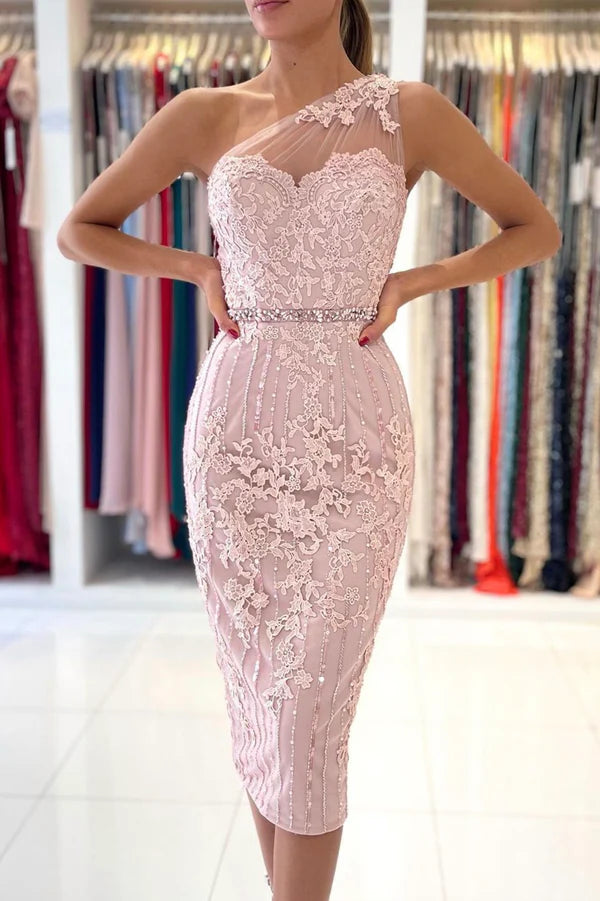 Wholesale Pink Lace One Shoulder Prom Dress Cute Homecoming Party Dress