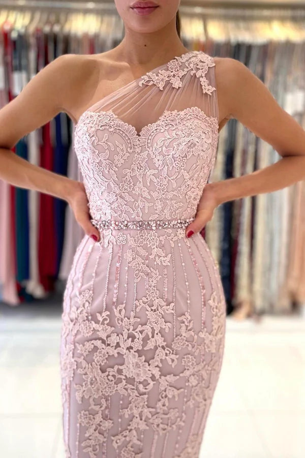 Wholesale Pink Lace One Shoulder Prom Dress Cute Homecoming Party Dress