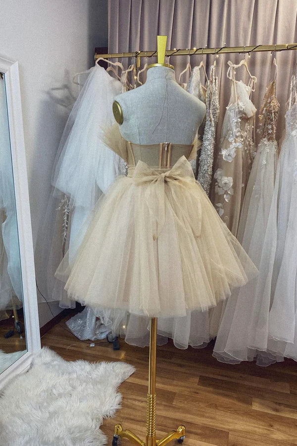 Wholesale Champagne Tulle Short A-Line Prom Dress Lovely Strapless Party Dress