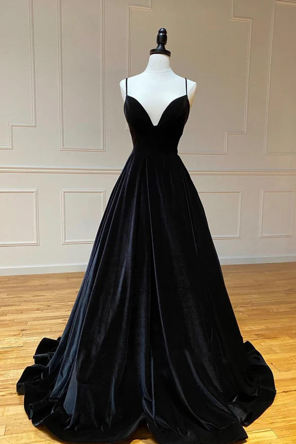 Wholesale Black Velvet Long A-Line Prom Dress V-Neck Backless Evening Formal Dress
