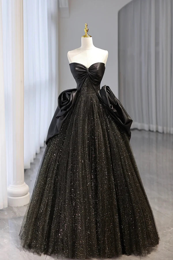 Wholesale Black Strapless Satin and Tulle Long Prom Dress Beautiful A-Line Evening Party Dress