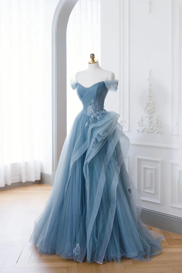 Wholesale Dusty Blue Tulle Floor Length Prom Dresses Blue Off the Shoulder Removable Sleeve Evening Dress