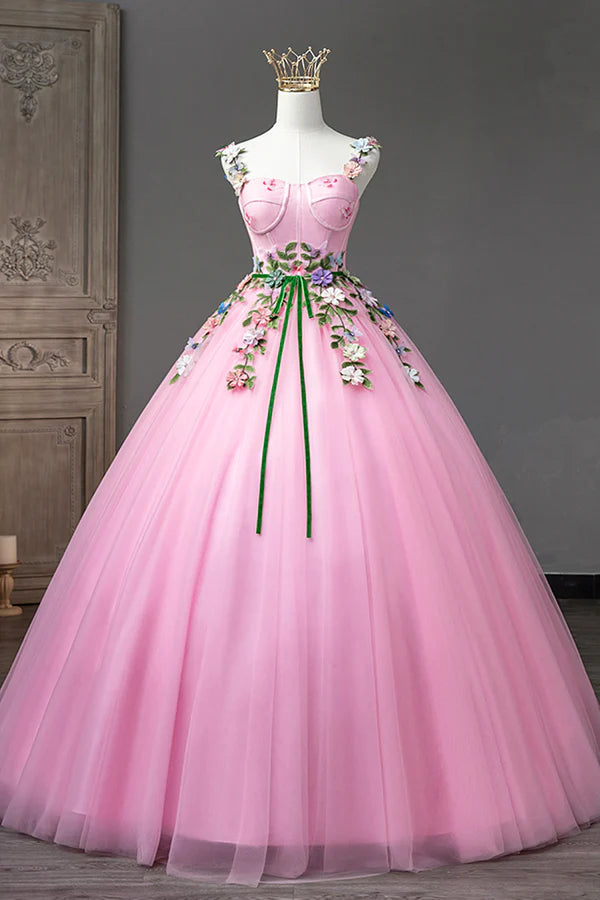 Wholesale Pink Tulle Flower Long Prom Dresses Cute Spaghetti Sweet 16 Dresses