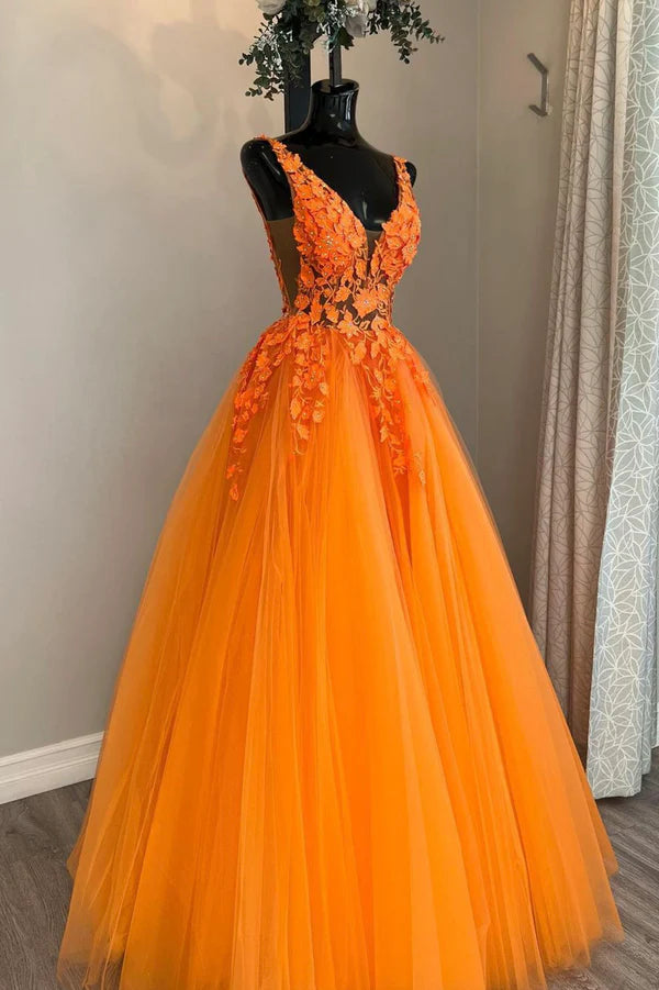 Wholesale Orange V-Neck Tulle Lace Long Prom Dress A-Line Backless Evening Dress