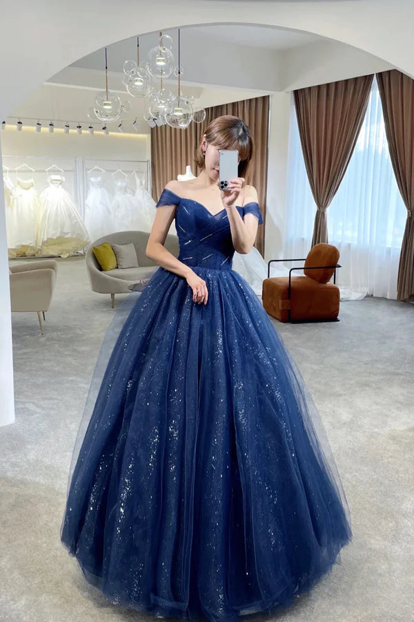 Wholesale Blue Tulle Long Prom Dress Off the Shoulder Evening Party Dress