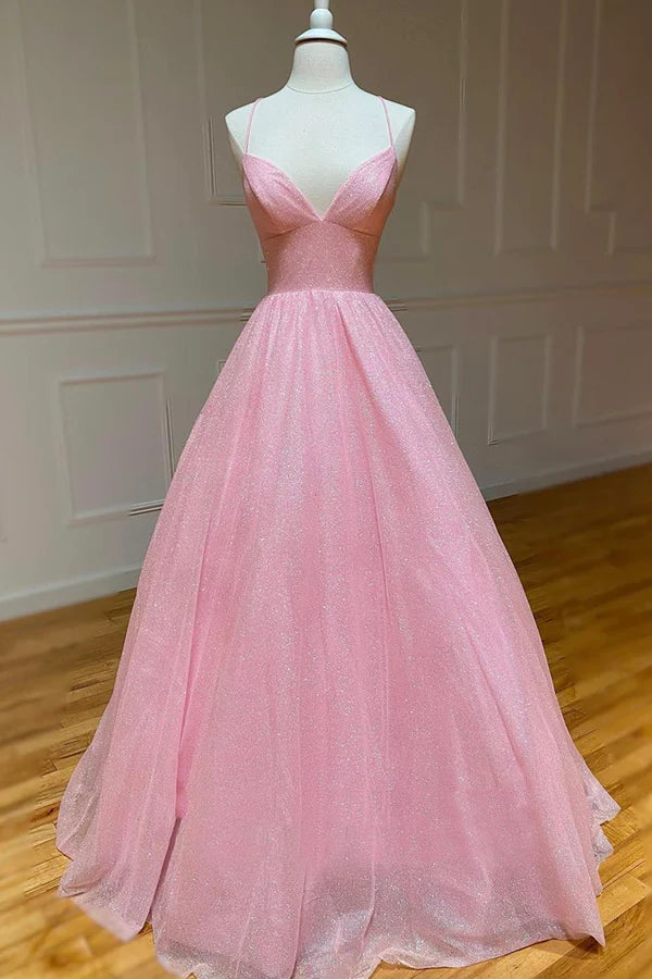 Wholesale Pink Tulle Long Backless Prom Dress A-Line V Neck Party Dress