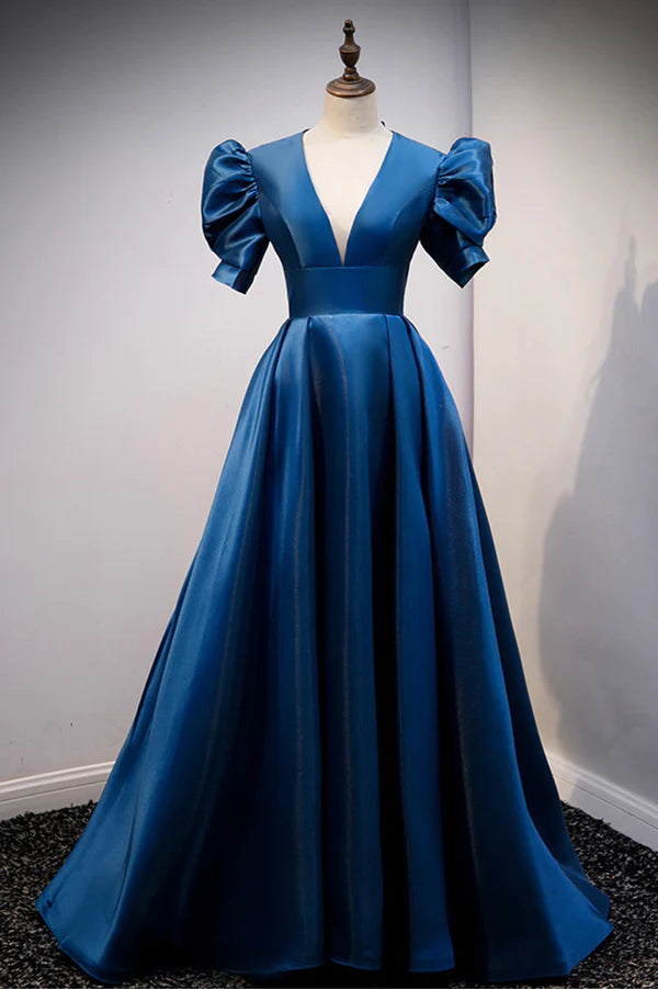 Wholesale Blue Satin Long A-Line Prom Dress Elegant Short Sleeve Party Dress