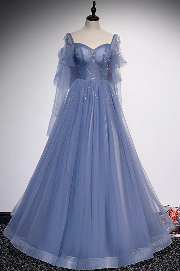 Wholesale Blue Tulle Long Sleeve Prom Dress A-Line Blue Evening Party Dress