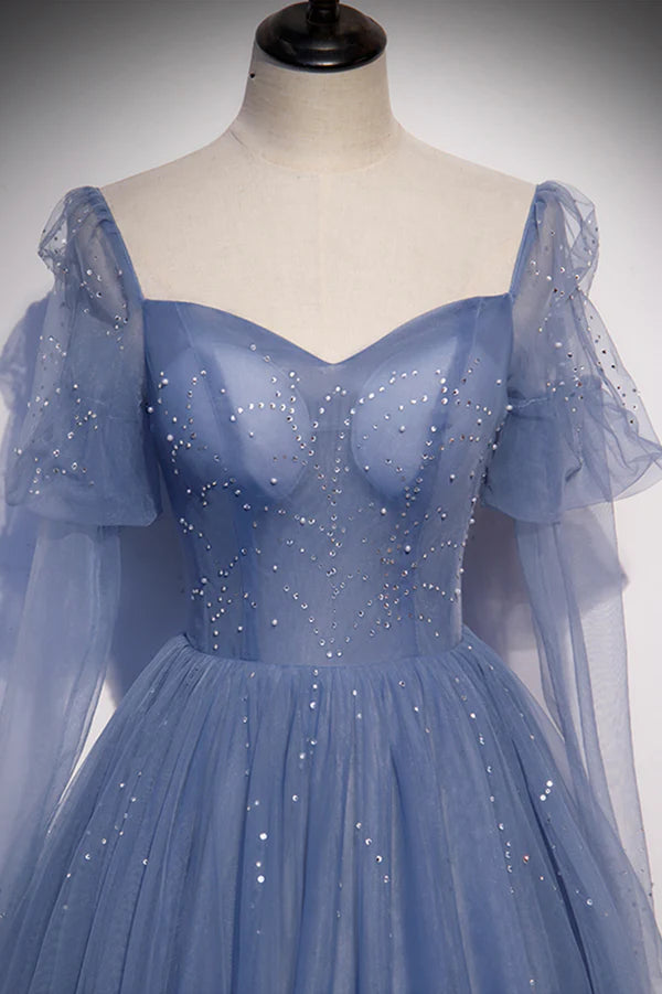 Wholesale Blue Tulle Long Sleeve Prom Dress A-Line Blue Evening Party Dress