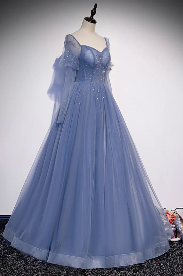 Wholesale Blue Tulle Long Sleeve Prom Dress A-Line Blue Evening Party Dress