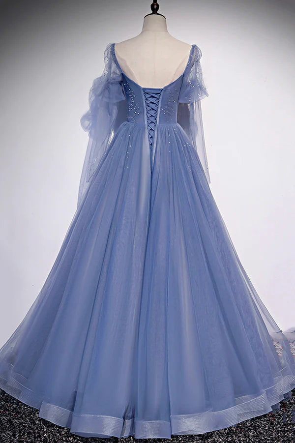Wholesale Blue Tulle Long Sleeve Prom Dress A-Line Blue Evening Party Dress