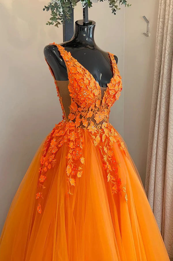 Wholesale Orange V-Neck Tulle Lace Long Prom Dress A-Line Backless Evening Dress