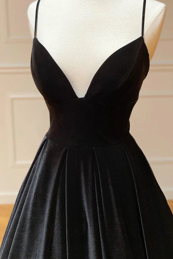 Wholesale Black Velvet Long A-Line Prom Dress V-Neck Backless Evening Formal Dress