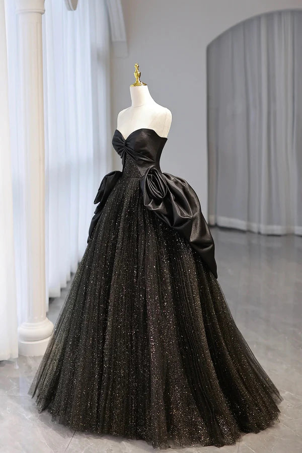 Wholesale Black Strapless Satin and Tulle Long Prom Dress Beautiful A-Line Evening Party Dress