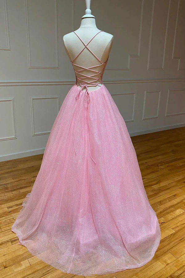 Wholesale Pink Tulle Long Backless Prom Dress A-Line V Neck Party Dress