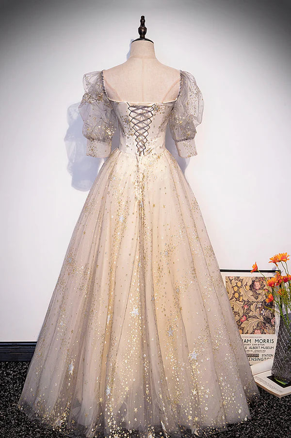 Wholesale Champagne Tulle Sequins Long Prom Dress Cute 1/2 Sleeve Party Dress