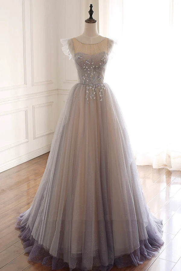 Wholesale A-Line Scoop Neckline Tulle Long Prom Dress with Beaded Evening Party Dress