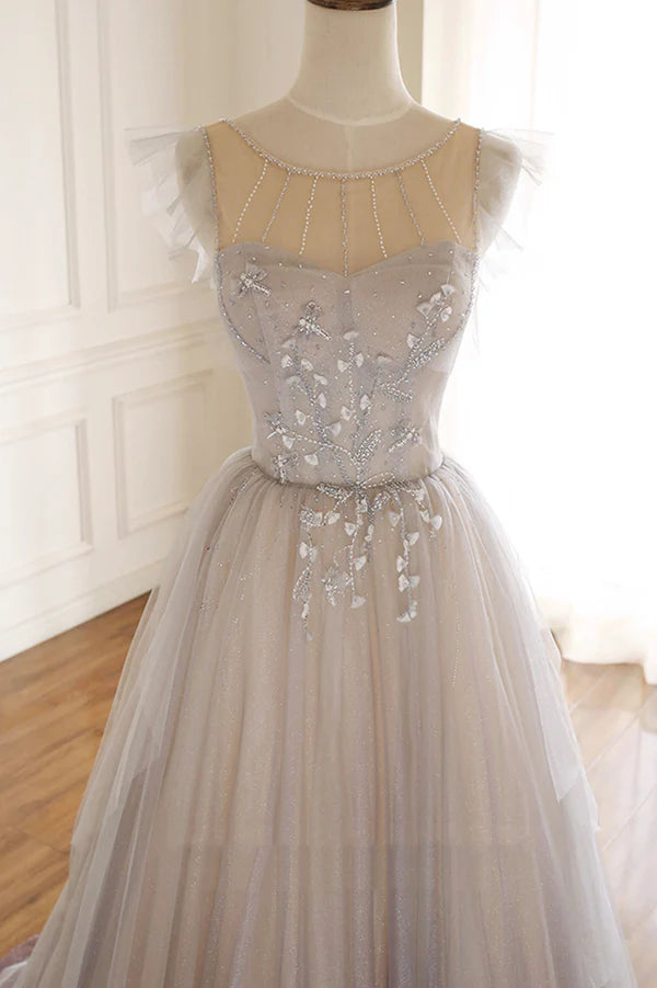 Wholesale A-Line Scoop Neckline Tulle Long Prom Dress with Beaded Evening Party Dress