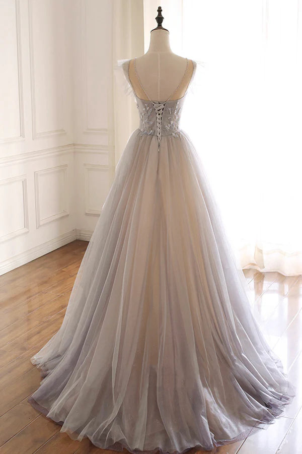 Wholesale A-Line Scoop Neckline Tulle Long Prom Dress with Beaded Evening Party Dress