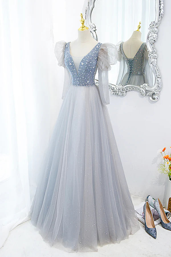 Wholesale Cute V-Neck Tulle Long Prom Dress with Beaded A-Line Long Sleeve Evening Dress