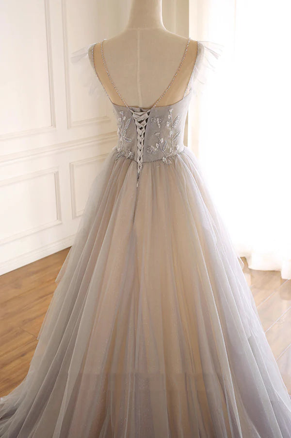 Wholesale A-Line Scoop Neckline Tulle Long Prom Dress with Beaded Evening Party Dress