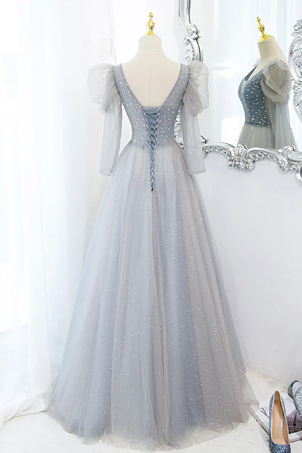 Wholesale Cute V-Neck Tulle Long Prom Dress with Beaded A-Line Long Sleeve Evening Dress