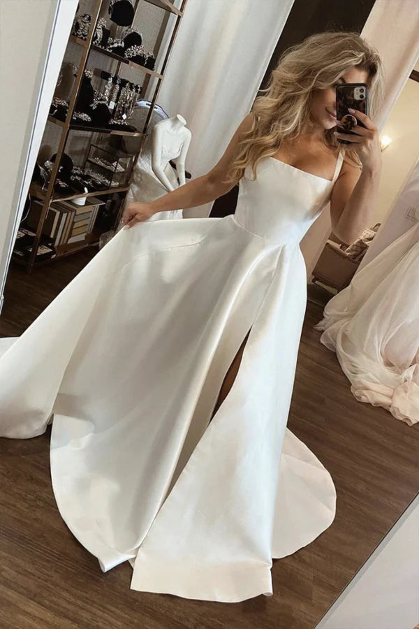 Wholesale White Satin Long A-Line Prom Dress Simple A-Line Evening Dress with Slit