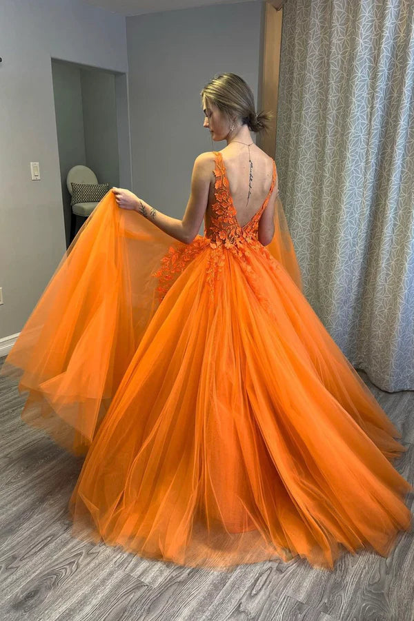 Wholesale Orange V-Neck Tulle Lace Long Prom Dress A-Line Backless Evening Dress
