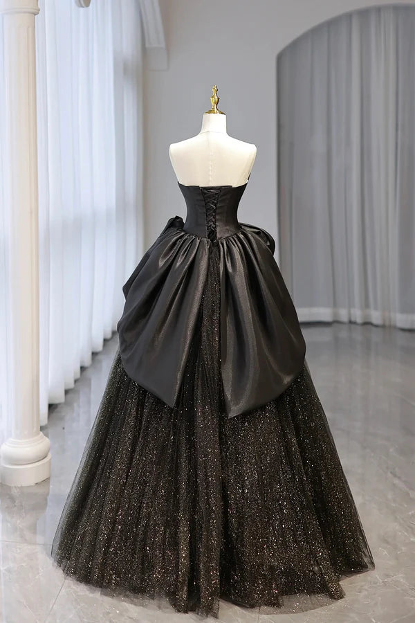 Wholesale Black Strapless Satin and Tulle Long Prom Dress Beautiful A-Line Evening Party Dress