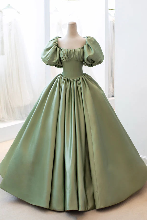 Wholesale Green Satin Puff Sleeves Long Prom Dress Green A-Line Formal Dress