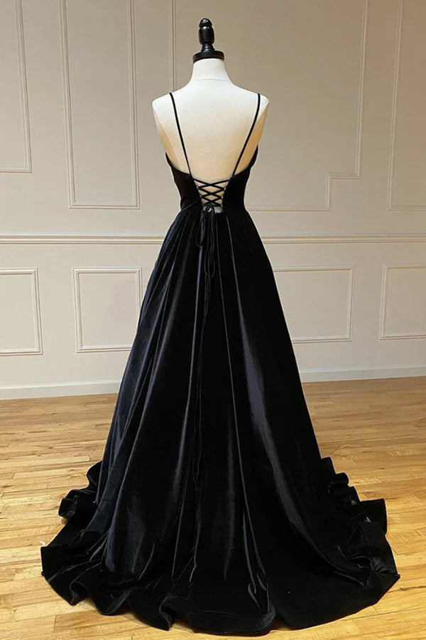 Wholesale Black Velvet Long A-Line Prom Dress V-Neck Backless Evening Formal Dress