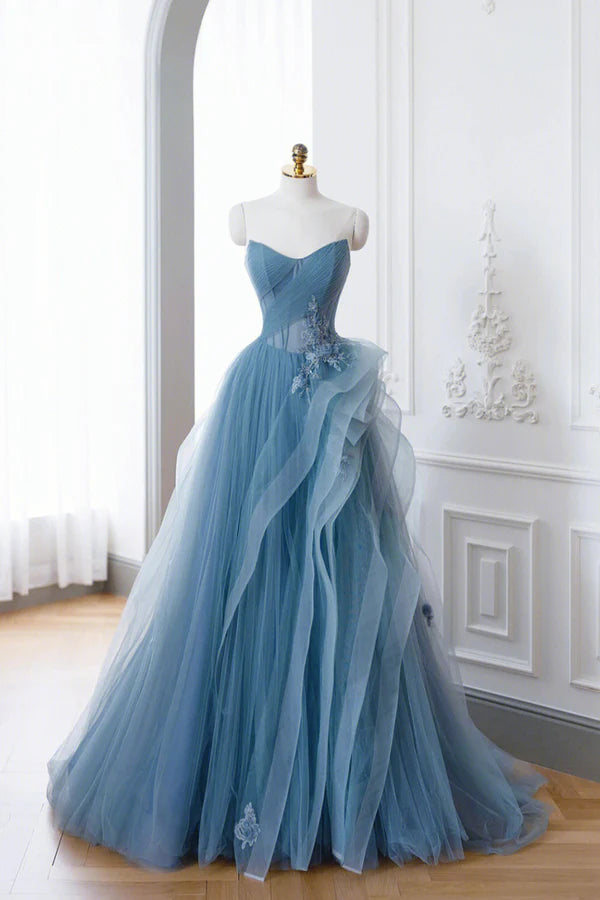 Wholesale Dusty Blue Tulle Floor Length Prom Dresses Blue Off the Shoulder Removable Sleeve Evening Dress