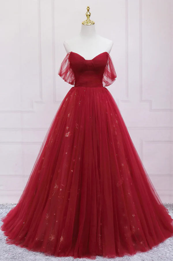 Wholesale Red Tulle Long A-Line Prom Dress Off the Shoulder Formal Evening Dress