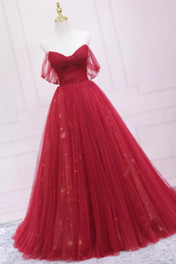 Wholesale Red Tulle Long A-Line Prom Dress Off the Shoulder Formal Evening Dress