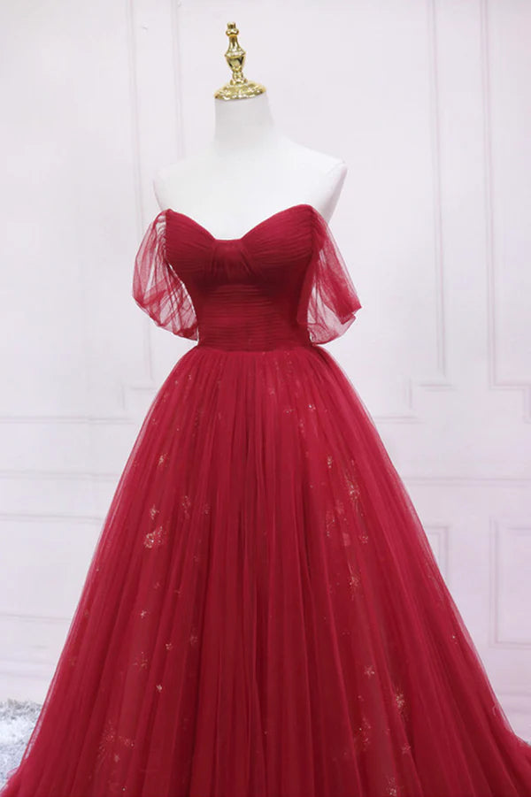 Wholesale Red Tulle Long A-Line Prom Dress Off the Shoulder Formal Evening Dress