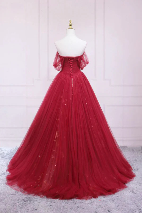 Wholesale Red Tulle Long A-Line Prom Dress Off the Shoulder Formal Evening Dress