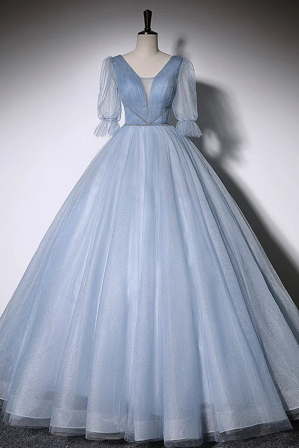 Wholesale Blue V-Neck Tulle Long Prom Dress A-Line Formal Evening Dress