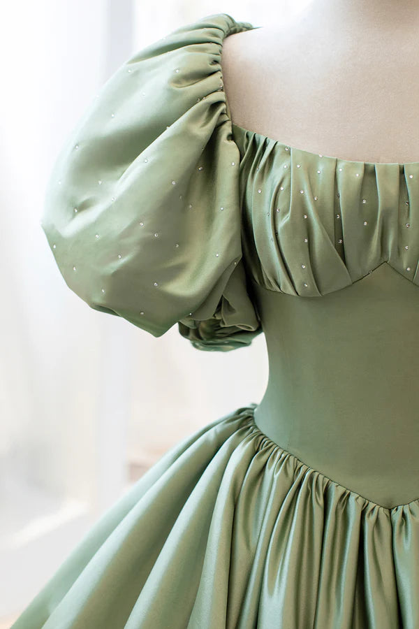 Wholesale Green Satin Puff Sleeves Long Prom Dress Green A-Line Formal Dress