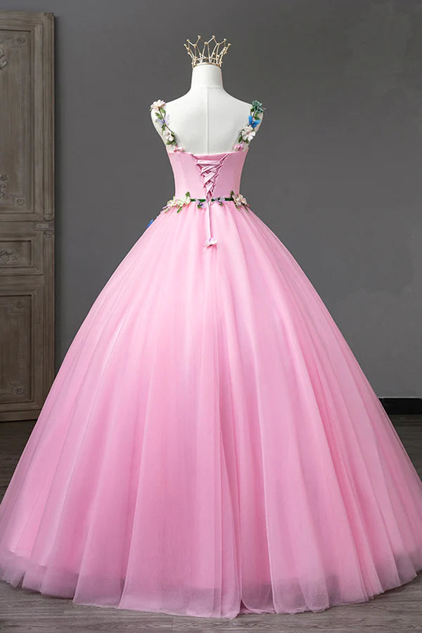 Wholesale Pink Tulle Flower Long Prom Dresses Cute Spaghetti Sweet 16 Dresses