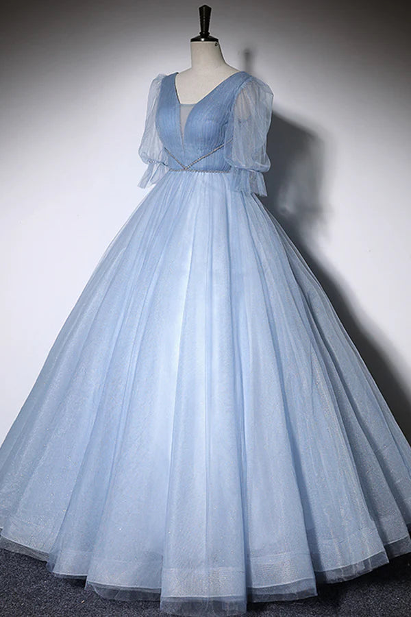 Wholesale Blue V-Neck Tulle Long Prom Dress A-Line Formal Evening Dress