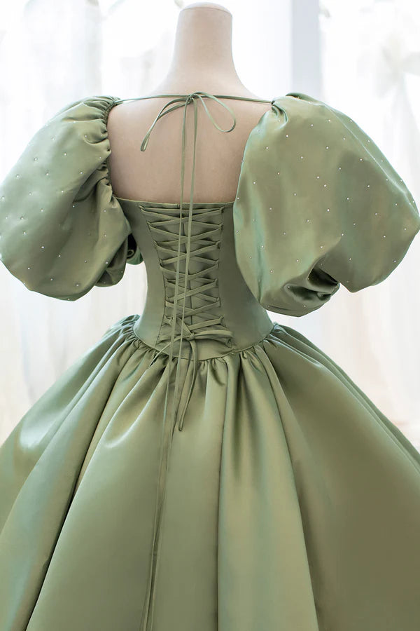 Wholesale Green Satin Puff Sleeves Long Prom Dress Green A-Line Formal Dress