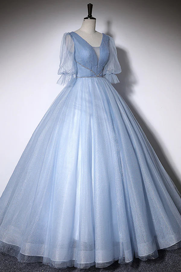 Wholesale Blue V-Neck Tulle Long Prom Dress A-Line Formal Evening Dress