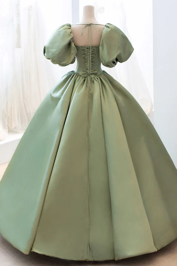 Wholesale Green Satin Puff Sleeves Long Prom Dress Green A-Line Formal Dress